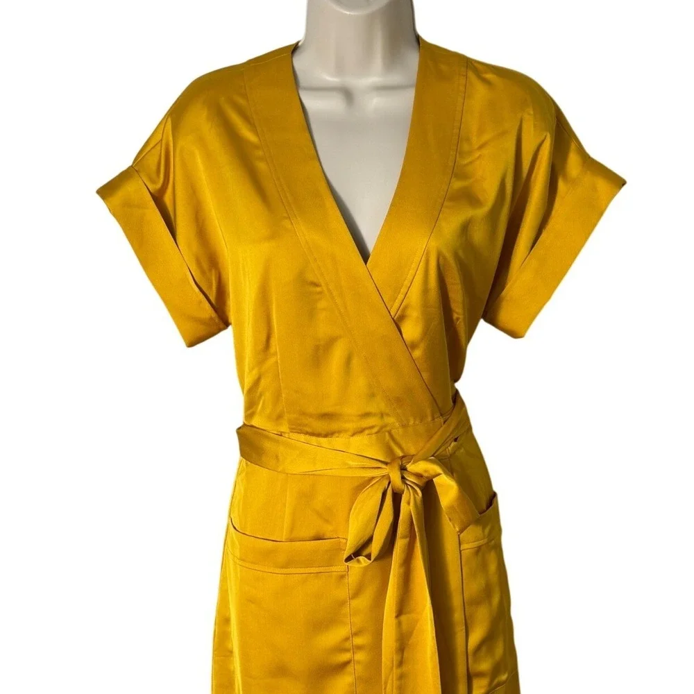 J. Crew Short Sleeve Wrap Dress in Satin Crepe Gold V Neck Front Pocket Size S